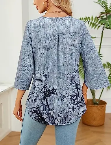 Viracy 3/4 Sleeve Tunic Tops to Wear with Leggings Crewneck Pleated Long Loose Fit Shirt Blouses - VIRACY (1)
