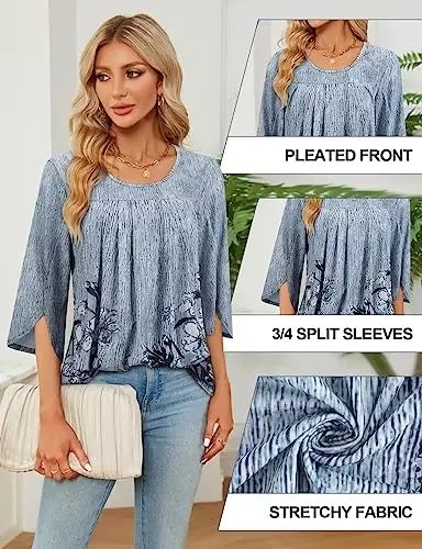 Viracy 3/4 Sleeve Tunic Tops to Wear with Leggings Crewneck Pleated Long Loose Fit Shirt Blouses - 5