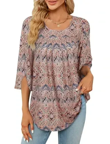 Viracy 3/4 Sleeve Tunic Tops to Wear with Leggings Crewneck Pleated Long Loose Fit Shirt Blouses 