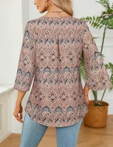 Viracy 3/4 Sleeve Tunic Tops to Wear with Leggings Crewneck Pleated Long Loose Fit Shirt Blouses - 4