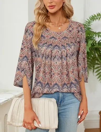 Viracy 3/4 Sleeve Tunic Tops to Wear with Leggings Crewneck Pleated Long Loose Fit Shirt Blouses - VIRACY (1)