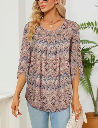 Viracy 3/4 Sleeve Tunic Tops to Wear with Leggings Crewneck Pleated Long Loose Fit Shirt Blouses - 3