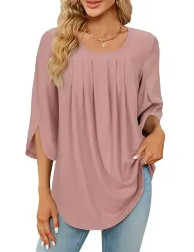 Viracy 3/4 Sleeve Tunic Tops to Wear with Leggings Crewneck Pleated Long Loose Fit Shirt Blouses - VIRACY