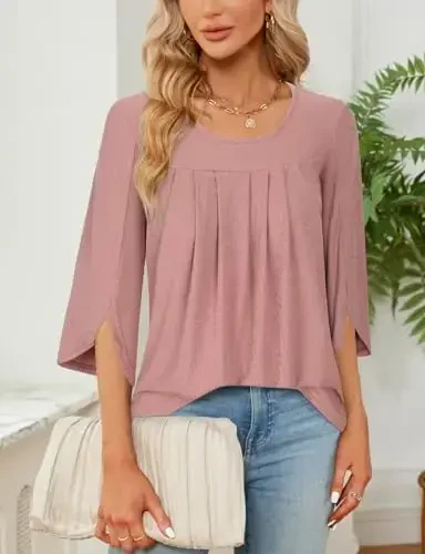 Viracy 3/4 Sleeve Tunic Tops to Wear with Leggings Crewneck Pleated Long Loose Fit Shirt Blouses - 3