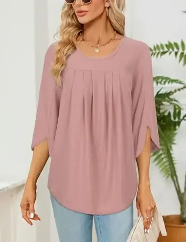Viracy 3/4 Sleeve Tunic Tops to Wear with Leggings Crewneck Pleated Long Loose Fit Shirt Blouses - 4