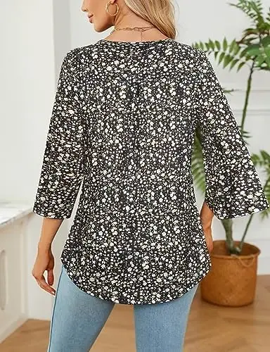 Viracy 3/4 Sleeve Tunic Tops to Wear with Leggings Crewneck Pleated Long Loose Fit Shirt Blouses - 2