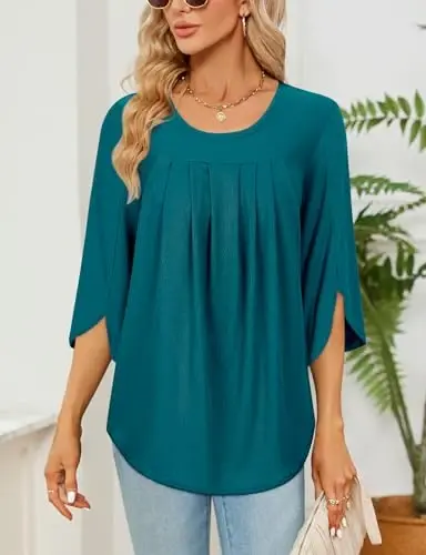 Viracy 3/4 Sleeve Tunic Tops to Wear with Leggings Crewneck Pleated Long Loose Fit Shirt Blouses - 4