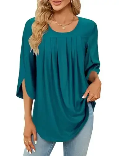 Viracy 3/4 Sleeve Tunic Tops to Wear with Leggings Crewneck Pleated Long Loose Fit Shirt Blouses 