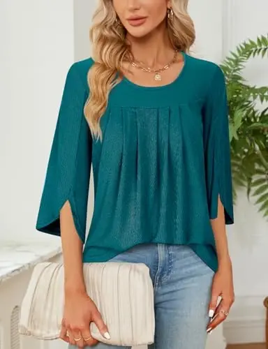Viracy 3/4 Sleeve Tunic Tops to Wear with Leggings Crewneck Pleated Long Loose Fit Shirt Blouses - 3