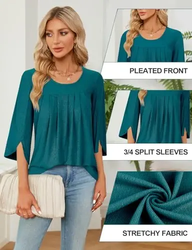 Viracy 3/4 Sleeve Tunic Tops to Wear with Leggings Crewneck Pleated Long Loose Fit Shirt Blouses - 5