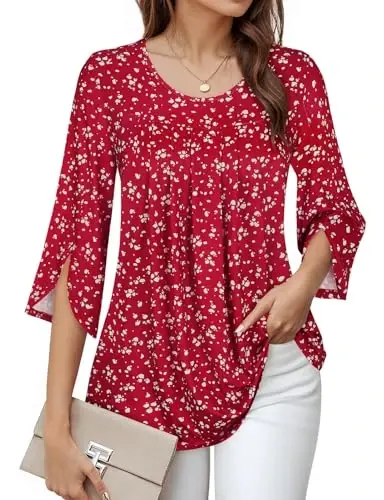 Viracy 3/4 Sleeve Tunic Tops to Wear with Leggings Crewneck Pleated Long Loose Fit Shirt Blouses 