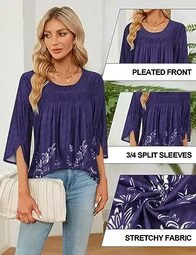 Viracy 3/4 Sleeve Tunic Tops to Wear with Leggings Crewneck Pleated Long Loose Fit Shirt Blouses - 5