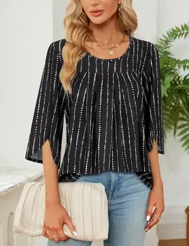 Viracy 3/4 Sleeve Tunic Tops to Wear with Leggings Crewneck Pleated Long Loose Fit Shirt Blouses - VIRACY (1)