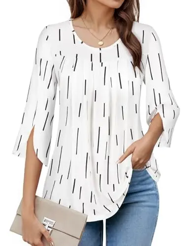 Viracy 3/4 Sleeve Tunic Tops to Wear with Leggings Crewneck Pleated Long Loose Fit Shirt Blouses 
