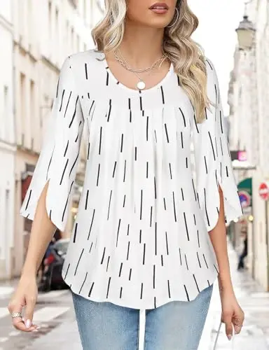 Viracy 3/4 Sleeve Tunic Tops to Wear with Leggings Crewneck Pleated Long Loose Fit Shirt Blouses - 3