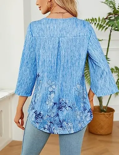 Viracy 3/4 Sleeve Tunic Tops to Wear with Leggings Crewneck Pleated Long Loose Fit Shirt Blouses - 2