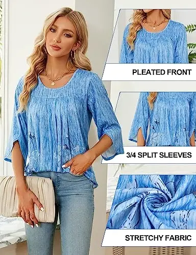 Viracy 3/4 Sleeve Tunic Tops to Wear with Leggings Crewneck Pleated Long Loose Fit Shirt Blouses - 5