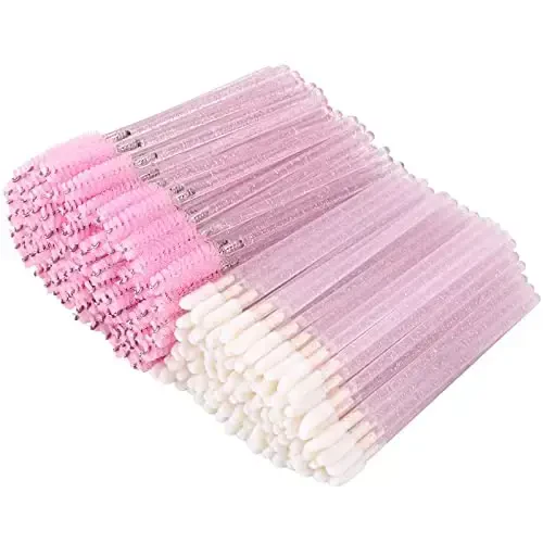 Tbestmax 200 Disposable Mascara Wand and Lipstick Applicator Wands Crystal Lip Gloss Brush Lash Spoolies for Eyelash Extensions (Pink) 