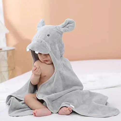 TBEZY Baby Hooded Towel with Unique Animal Design Ultra Soft Thick Cotton Bath Towel for Newborn (Hippo) - 3
