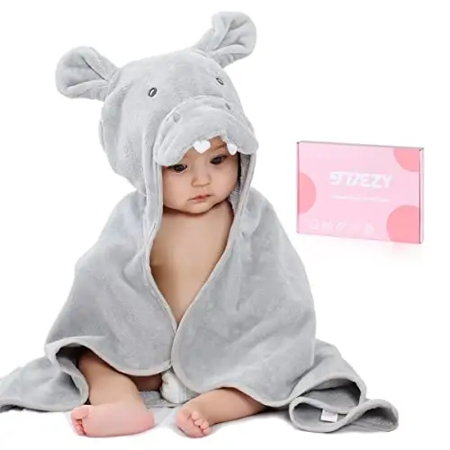 TBEZY Baby Hooded Towel with Unique Animal Design Ultra Soft Thick Cotton Bath Towel for Newborn (Hippo) - 1