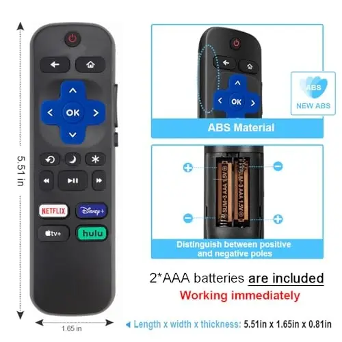 New Roku TV Remote Control for TCL/Hisense/Onn/Sharp Roku TVs - 4 Shortcut Buttons for Netflix/Disney/Hulu/Apple TV (2 Batteries) - 3