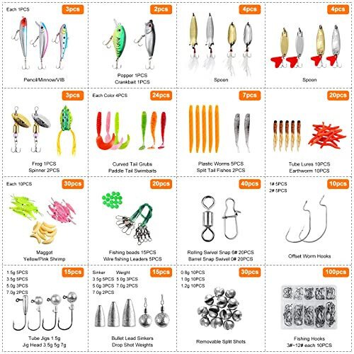 TCMBY 327PCS Fishing Lures Tackle Bait Kit Set, Tackle Box with Tackle Included, Crankbaits, Worms, Spinner, Weights, Hooks & Other Accessories for Freshwater Bass Trout Fishing Gear Gifts for Men - 12