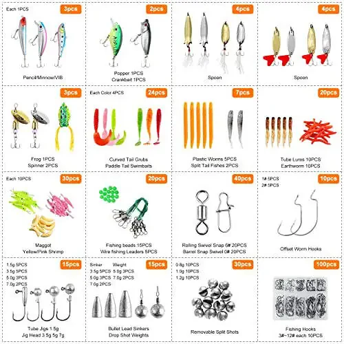 TCMBY 327PCS Fishing Lures Tackle Bait Kit Set, Tackle Box with Tackle Included, Crankbaits, Worms, Spinner, Weights, Hooks & Other Accessories for Freshwater Bass Trout Fishing Gear Gifts for Men - 12