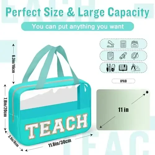 Teacher Appreciation Gifts Chenille Letter Clear Makeup Bag TEACH Pouch, Preppy Waterpoof Makeup Cosmetic Bag with Zipper Graduation Retirement Birthday Teacher Essentials Gifts for Women(TEACH-Green) - 3