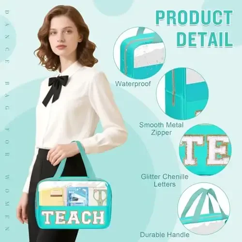 Teacher Appreciation Gifts Chenille Letter Clear Makeup Bag TEACH Pouch, Preppy Waterpoof Makeup Cosmetic Bag with Zipper Graduation Retirement Birthday Teacher Essentials Gifts for Women(TEACH-Green) - 4