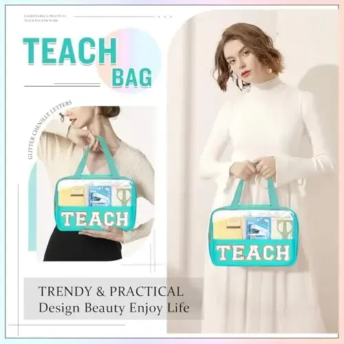 Teacher Appreciation Gifts Chenille Letter Clear Makeup Bag TEACH Pouch, Preppy Waterpoof Makeup Cosmetic Bag with Zipper Graduation Retirement Birthday Teacher Essentials Gifts for Women(TEACH-Green) - 6