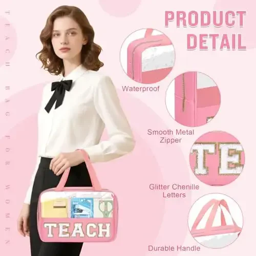 Teacher Appreciation Gifts Chenille Letter Clear Makeup Bag TEACH Pouch, Preppy Waterpoof Makeup Cosmetic Bag with Zipper Graduation Retirement Birthday Teacher Essentials Gifts for Women(TEACH-Pink) - 4
