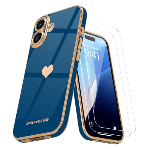 Teageo for iPhone 16 Case with Screen Protector [2 Pack] Girl Women Cute Girly Love-Heart Luxury Gold Soft Cover Camera Protection Shockproof Phone Case for iPhone 16, Royal Blue - 1