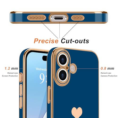 Teageo for iPhone 16 Case with Screen Protector [2 Pack] Girl Women Cute Girly Love-Heart Luxury Gold Soft Cover Camera Protection Shockproof Phone Case for iPhone 16, Royal Blue - 2