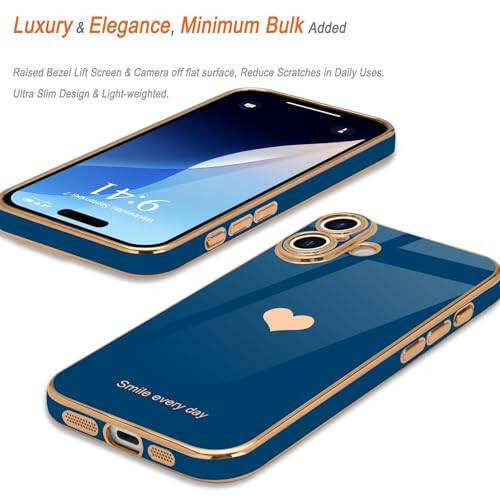 Teageo for iPhone 16 Case with Screen Protector [2 Pack] Girl Women Cute Girly Love-Heart Luxury Gold Soft Cover Camera Protection Shockproof Phone Case for iPhone 16, Royal Blue - 3