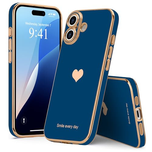 Teageo for iPhone 16 Case with Screen Protector [2 Pack] Girl Women Cute Girly Love-Heart Luxury Gold Soft Cover Camera Protection Shockproof Phone Case for iPhone 16, Royal Blue - 6