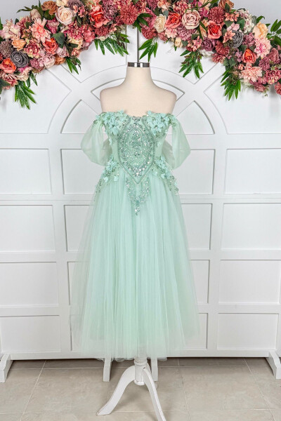 Teal Beaded Lace Applique Midi Prom & Evening Dress - LENTA MODA