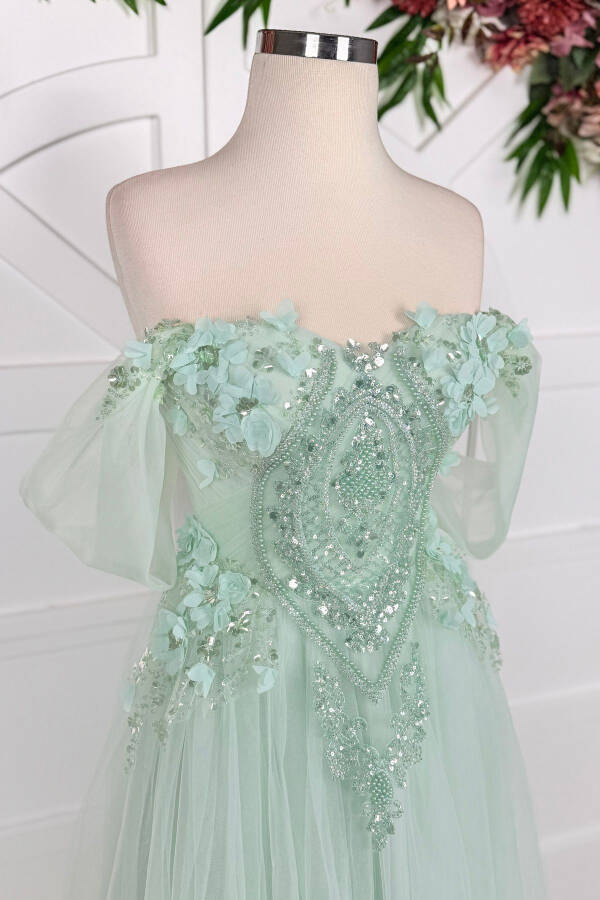 Teal Beaded Lace Applique Midi Prom & Evening Dress - 2