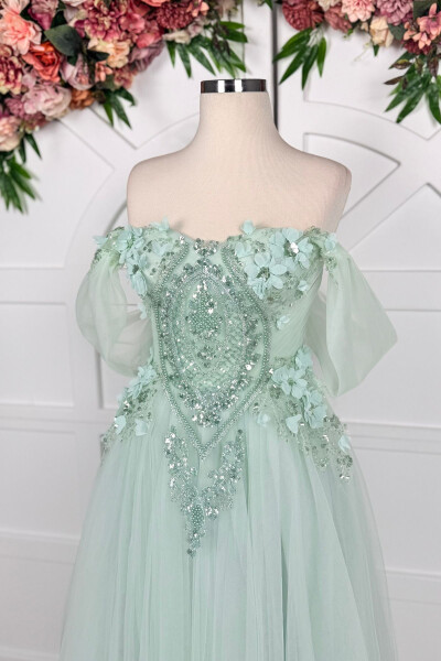 Teal Beaded Lace Applique Midi Prom & Evening Dress - 3