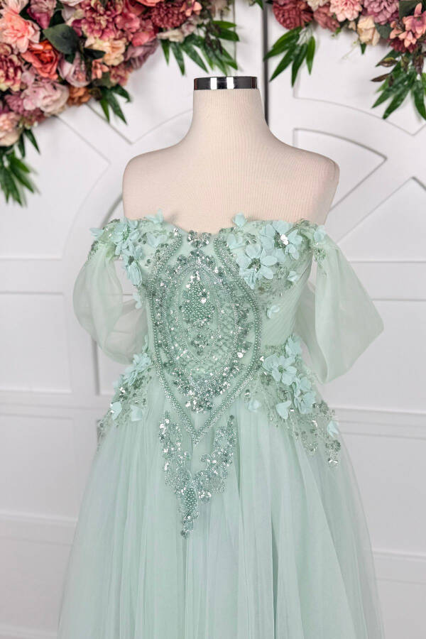 Teal Beaded Lace Applique Midi Prom & Evening Dress - 3
