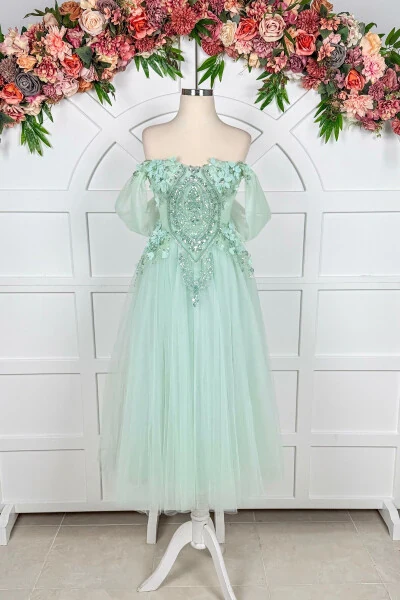 Teal Beaded Lace Applique Midi Prom & Evening Dress - Modazone