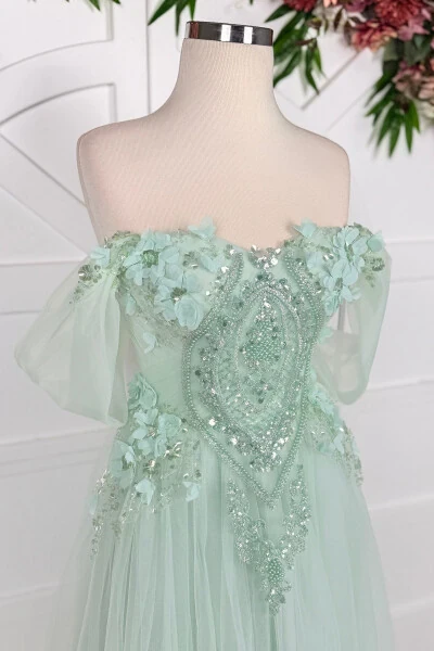 Teal Beaded Lace Applique Midi Prom & Evening Dress - Modazone (1)