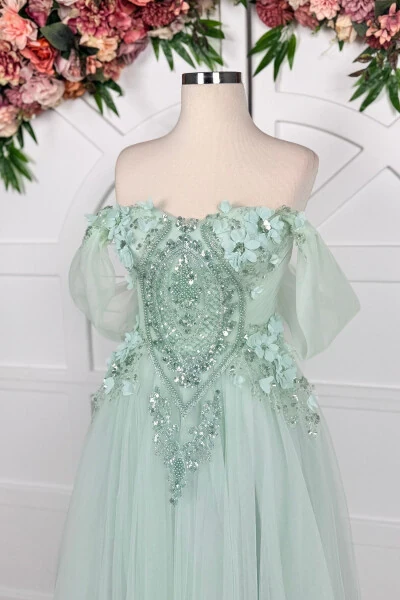 Teal Beaded Lace Applique Midi Prom & Evening Dress - 3