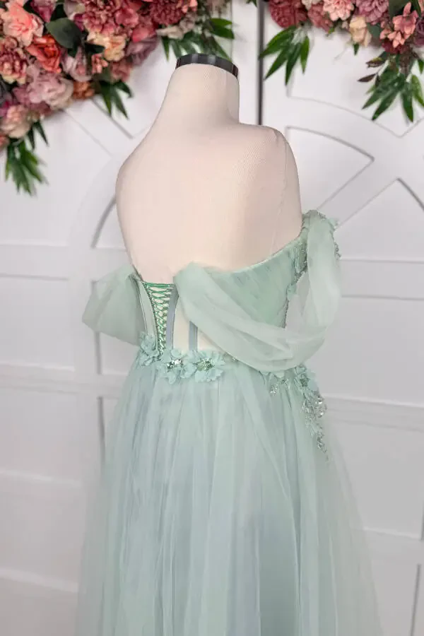 Teal Beaded Lace Applique Midi Prom & Evening Dress - 4