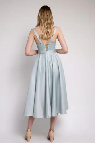 Teal Midi Satin Evening and Prom Dress-Teal - 3