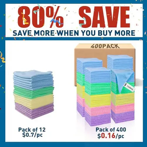TEAWOO Microfiber Cleaning Cloths-400 Pack, Microfiber Towels Bulk, Microfiber Towels for Cars, Cleaning Rags 5 Colors Assorted (12x12 inches) - 2