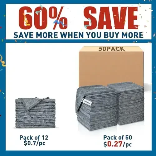 TEAWOO Microfiber Cleaning Cloths Bulk Pack-50 Pack, Microfiber Towels Bulk, Towels for Cars, Cleaning Rags Gray (12x12 inches) - 2