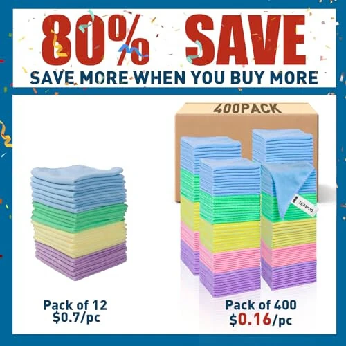 TEAWOO Microfiber Tozalash Matolari - 400 Paket, Mikro Elyaf Sochiqlar, Mashinalar uchun Mikro Elyaf Sochiqlar, Tozalash Latta 5 Xil Rang (12x12 dyuym) - TEAWOO (1)