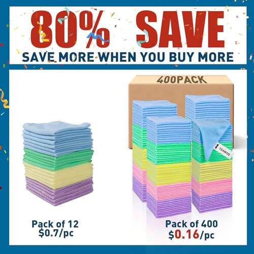 TEAWOO Microfiber Towels Bulk-400 Pack, Cleaning Cloths, Microfiber Towels for Cars, Cleaning Rags 5 Colors Assorted (12x12 inches) - 2