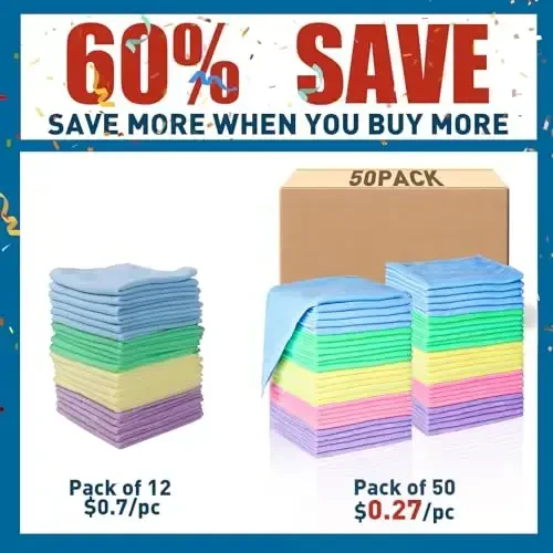 TEAWOO Microfiber Cleaning Cloths-50 Pack, Microfiber Towels Bulk, Towels for Cars & Home, Cleaning Rags 5 Colors Assorted (12x12 inches) - 2