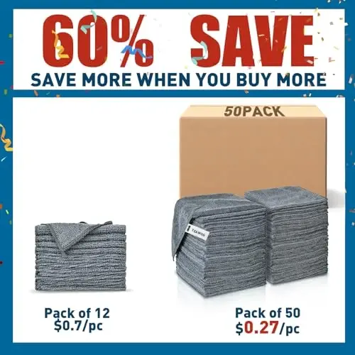 TEAWOO Gray Microfiber Cleaning Cloths Bulk Pack-50 Pack, Microfiber Towels Bulk, Towels for Cars, Cleaning Rags Gray (12x12 inches) - 2